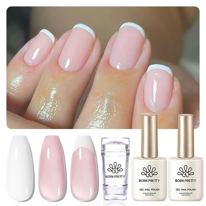 French Tip Nail Stamp, 6PCS Art Stamper with Scrapers, Silicone Stamping Long & Short Jelly Stamper Kit for French Manicure Home DIY Art Salon