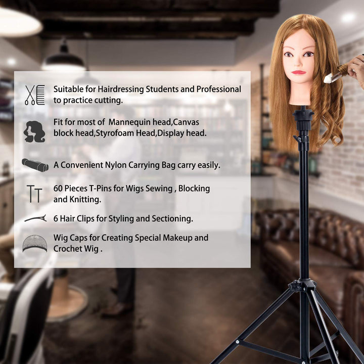 Reinforced Wig Stand Tripod Mannequin Head Stand, Adjustable Holder for Cosmetology Hairdressing Training with T-With Caps, T-Pins, Comb, Hair Clip, Carrying Bag