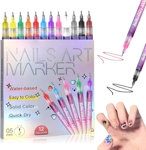 12 Colors Nail Art Pens Set, 3D Quick-Dry 0.5MM Nail Polish Pens, 2025 DIY Nail Art Marker Graffiti Dotting Pen for Nails Art Design Manicure Nail DIY Decoration