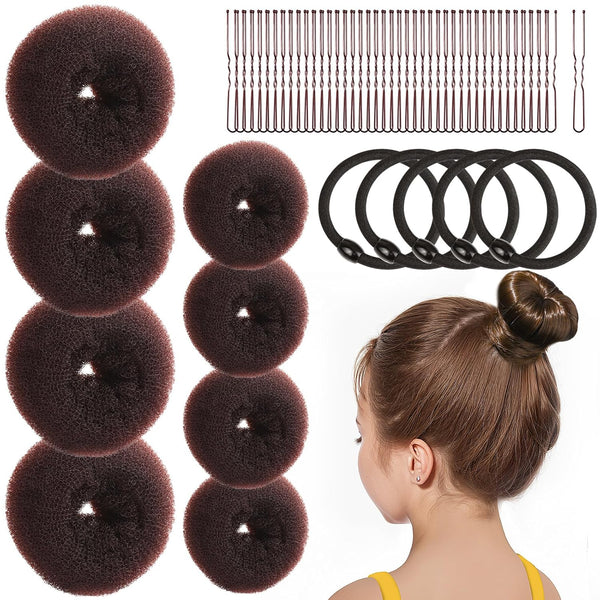 Hair Bun Maker for Kids, 4PCS Donut Bun Maker Small with 4PCS Extra Small Hair Buns Kit. Ballet Hair Bun Maker for Kids, Hair Bun Set with Elastic Hair Ties, Hair Pins.(Brown)