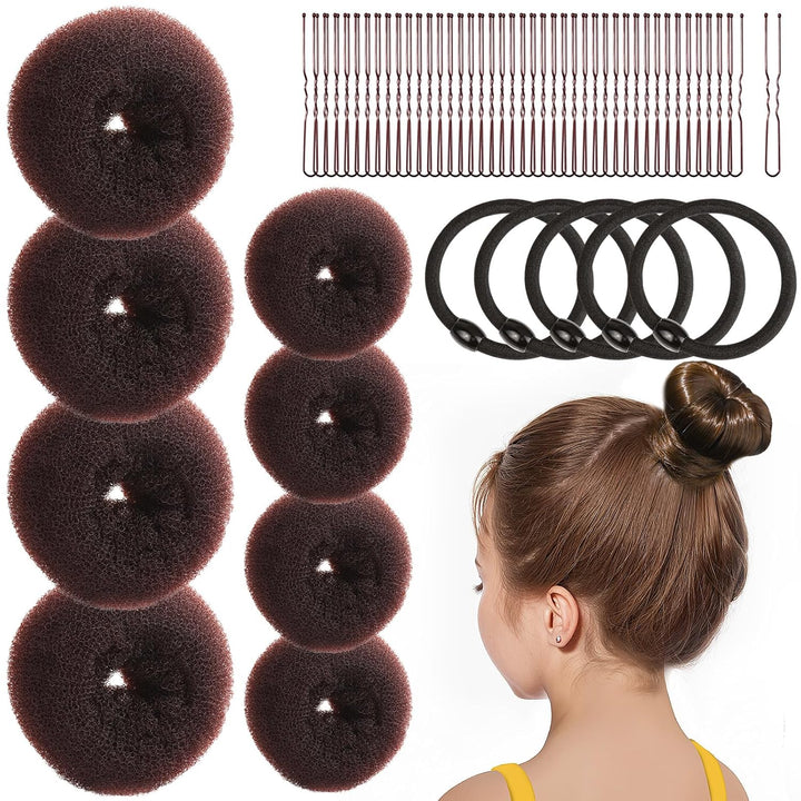 Hair Bun Maker for Kids, 4PCS Donut Bun Maker Small with 4PCS Extra Small Hair Buns Kit. Ballet Hair Bun Maker for Kids, Hair Bun Set with Elastic Hair Ties, Hair Pins.(Brown)