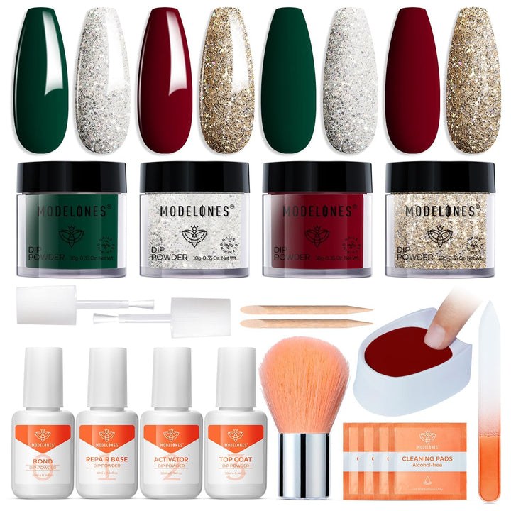 Dip Powder Nail Kit, 4 Colors Fall Orange Glitter Dipping Starter Set with Liquid and Complete Accessories for French Nails Art Salon DIY at Home Manicure