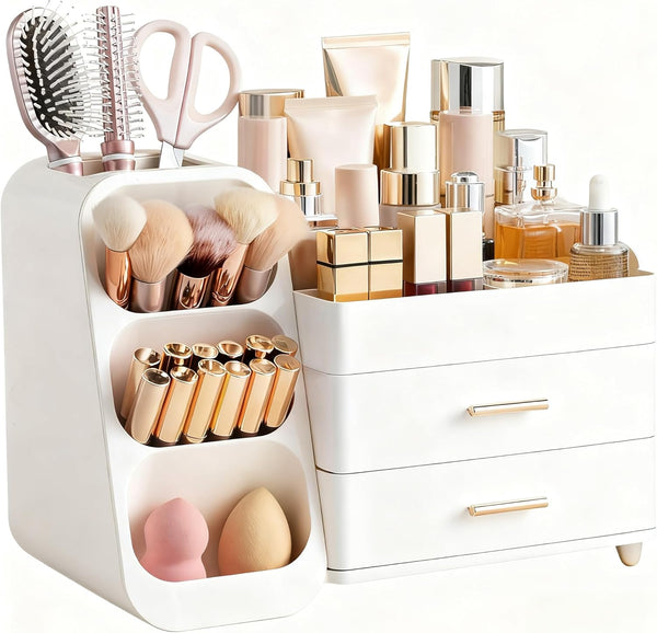 Makeup Organizer with Brush Holder for Vanity, Large Plastic Bathroom Countertop Organizer Skin Care Storage, Easy to Store Lipsticks, Nail Polishes, Perfumes, Eyeshadow Palettes, All White