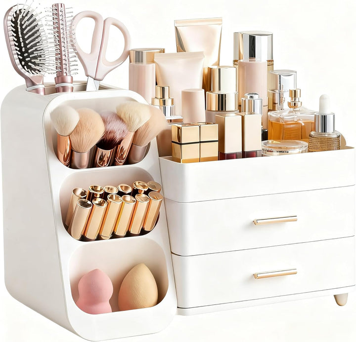 Makeup Organizer with Brush Holder for Vanity, Large Plastic Bathroom Countertop Organizer Skin Care Storage, Easy to Store Lipsticks, Nail Polishes, Perfumes, Eyeshadow Palettes, All White