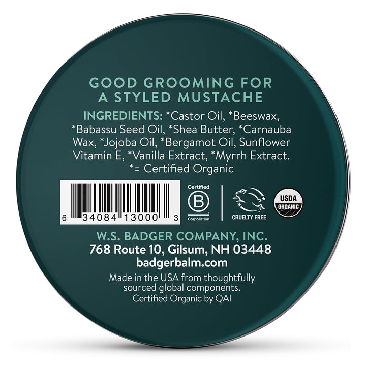 Mustache Wax, Medium Hold, Light Masculine Scent, Easy to Apply, Certified Organic Versatile Moustache & Beard Wax, .75 Oz Tin