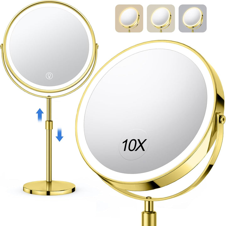 Lighted Makeup Mirror, Rechargeable Height Adjustable Double Sided, 1X/10X Magnifying with 3 Color, Brightness Adjustable, 360° Rotation Vanity, Gift for Women