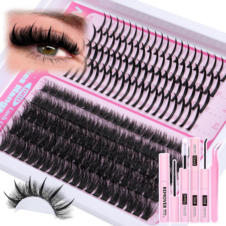 Natural Lash Clusters Kit DIY Lash Extension Kit Wispy Eyelash Extension Kit C-Curly Individual Lashes Kit 9-12MM Short Eyelash Clusters with Lash Remover by
