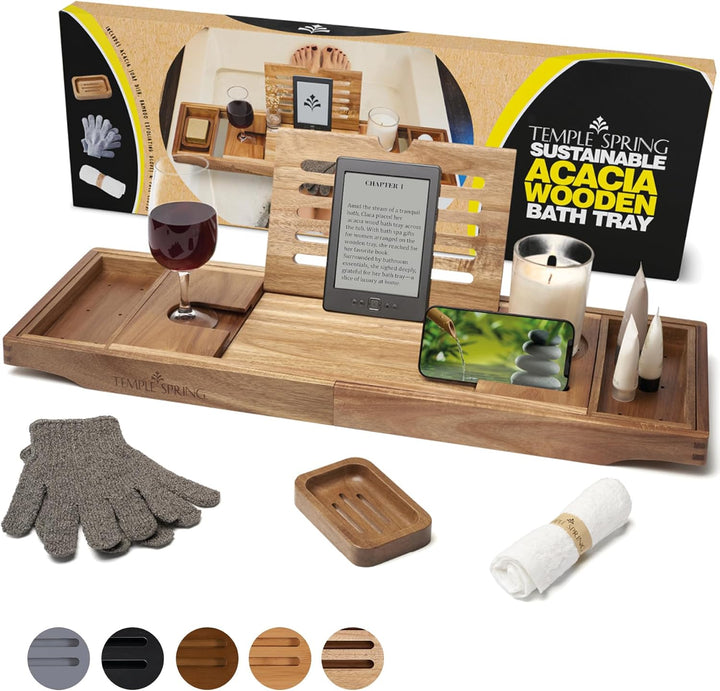 Wooden Bathtub Tray, Bamboo Bathroom Accessories, Bath Tray for Tub, at Home Spa Essentials, Board for Tub Table, Bath Caddy for Bathtub Accessories & Bathroom Essentials – Wood Brown