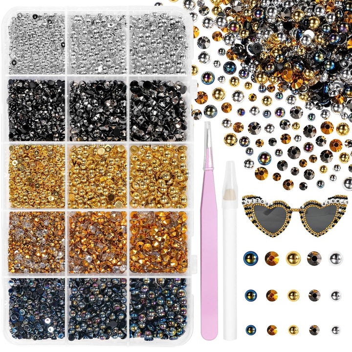 12000 Pcs White Flatback Pearls and Rhinestones for Crafting, 3-5 Mm Jelly Resin Rhinestones, Mixed Size Half Pearl Bedazzling Gems for Nail DIY Crafts Mugs Bottles Tumblers Clothes Makeup