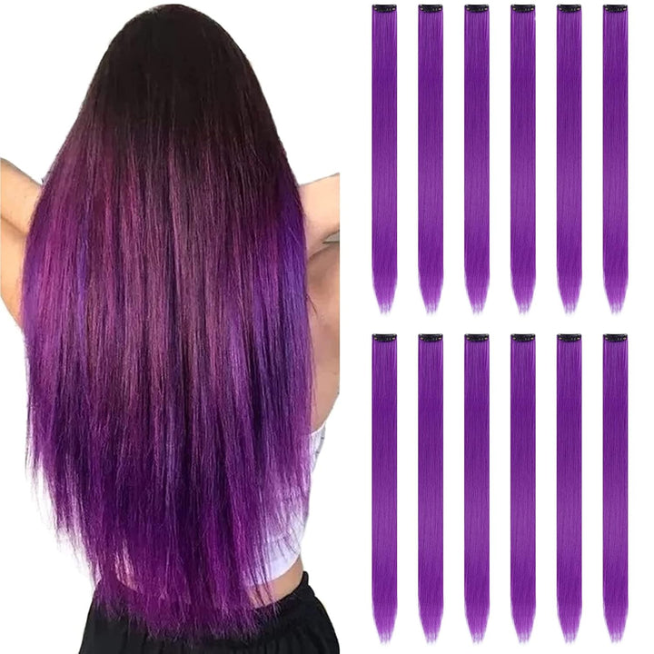 12PCS Colored Purple Hair Extensions Clip in Colorful Hair Extensions 22 Inch Rainbow Hair Extensions for Kids Women'S Gifts Blue Hair Extensions (22Inch,Purple)