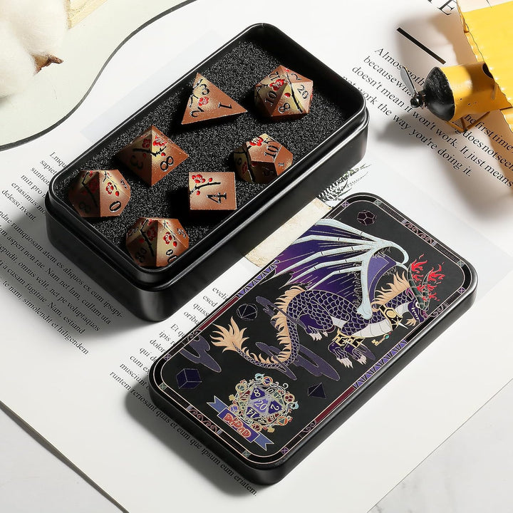 Metal Dice Set DND,  7 PCS Metallic Flowers D&D Dice with Gorgeous Gift Case for D&D Dungeons and Dragon Tabletop Game (Brown and Cream-Coloured)