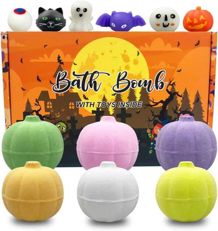 6 Pack Halloween Pumpkin Bubble Bath Bombs with Halloween Squishy Toys inside for Kids Girls Boys Halloween Treat Bags Halloween Toys Gifts