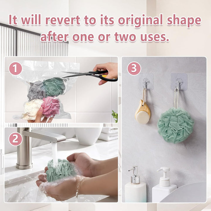 Shower Loofah Bath Sponge, 60G Loofah Exfoliating Body Scrubber, 4 Color Mesh Shower Pouf Balls for Body Wash (Ice Cream)