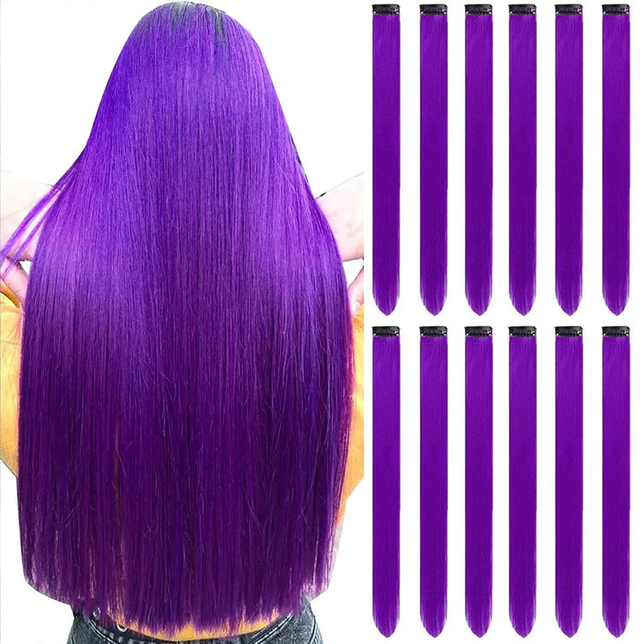 12 PCS Blue Hair Extensions Clip In, Colored Party Highlights Extension for Kids Girls Synthetic Hairpiece Straight 22 Inch