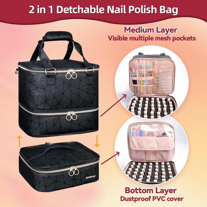 Nail Polish Organizer Bag Holds 84 Bottles (15Ml/0.5Fl.Oz)& Nail Lamp, 3 Layers Detachable Nail Kit Storage Case PU Leather, Large Travel Nail Supplies Shoulder Bag for Manicure Tools (Black)