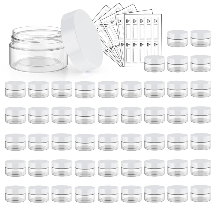 50 Pack 4 OZ Plastic Jars round Clear Cosmetic Container with Black Lids,  Slime Jars for Lotion, Cream, Ointments, Makeup, Eye Shadow, Rhinestone, Samples, Pot, Travel Storage