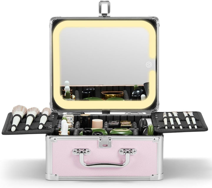 Makeup Box with a Detachable Lighted Mirror, Waterproof Travel Train Case, Cosmetic Organizer and Makeup Suitcase with Adjustable Dividers, Magnetic LED Mirror (Black)