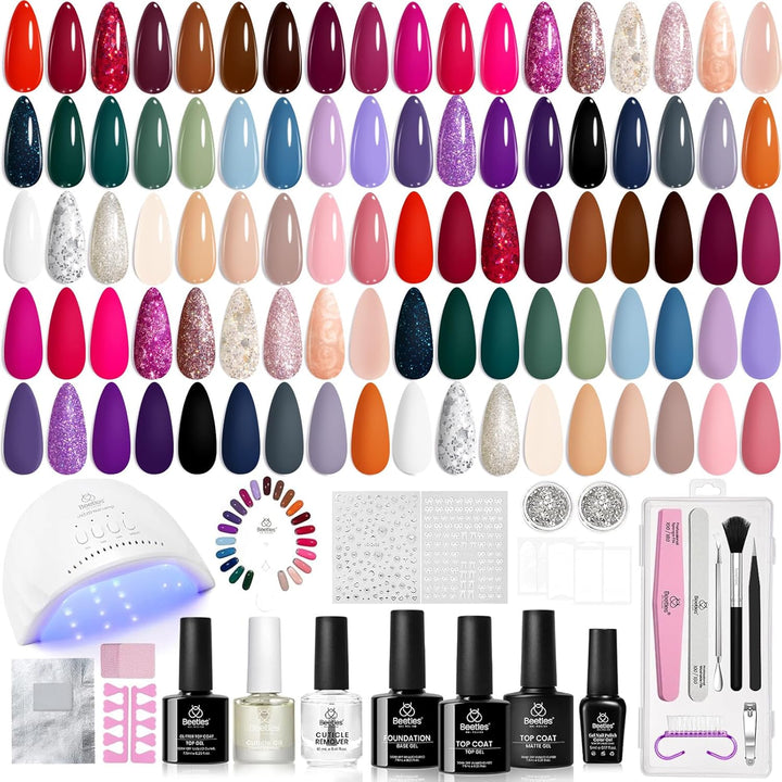 Beetles Gel Nail Polish Kit with U V Light -54 Pcs Gel Nail Kit Four Seasons Glow 32 Colors Set with Base Matte & Glossy Top Coat Soak off Home DIY Manicure Nails Beginners Gifts for Women Teen Girls
