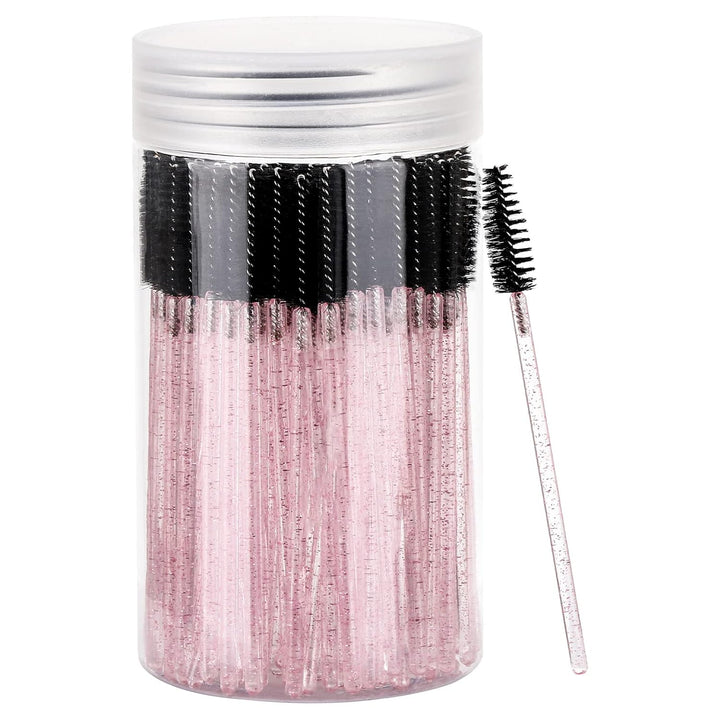 100 Pcs Disposable Mascara Wands, Crystal Eyebrow Spoolies Brush for Eyelash Extensions, Pink Lash Brushes with Container