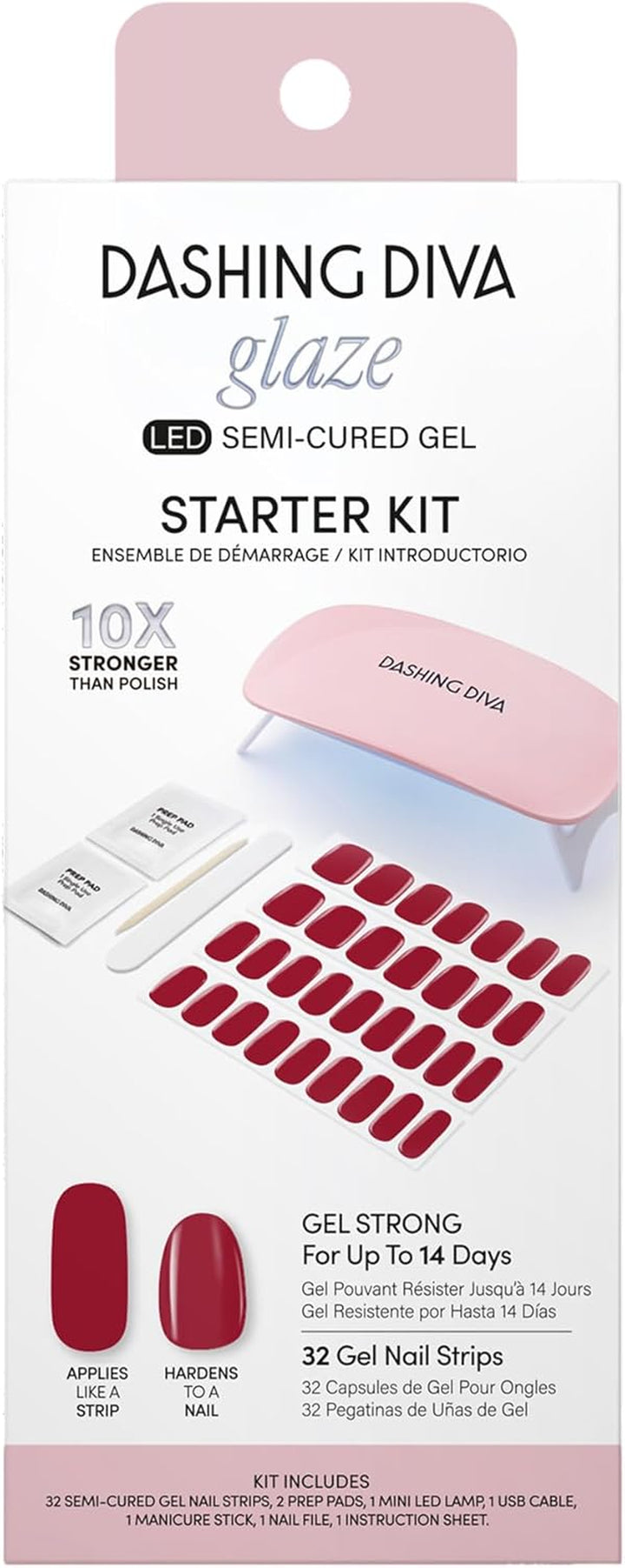 Glaze Nail Starter Kit - Real Black - Long Lasting, Chip Resistant, Semi-Cured Gel Nail Strips - 7-Piece Manicure Set with 32 Strips and Mini LED Lamp