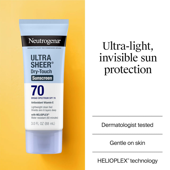 Ultra Sheer Dry-Touch Sunscreen Lotion SPF 70, Broad Spectrum, Water Resistant 80 Min, Oil-Free, Oxybenzone-Free, Non-Comedogenic, Matte Finish, Body Sunscreen, Travel Size 3 Fl Oz
