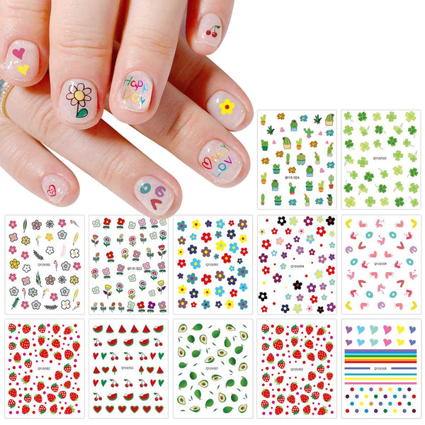 14 Sheets Cute Nail Stickers for Kids Nail Art Stickers Decals Self-Adhesive Pegatinas Uñas Rainbow Flower Fruit Nail Supplies Nail Art Design Decoration Accessories