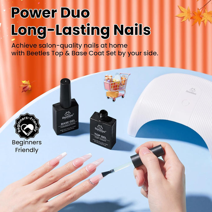Beetles No Wipe Gel Top Coat and Base Coat Set for Gel Polish - 2Pcs 15Ml Super Shiny and Long Lasting Soak off UV/LED Lamp Needed, Halloween Nail Art Design Gift
