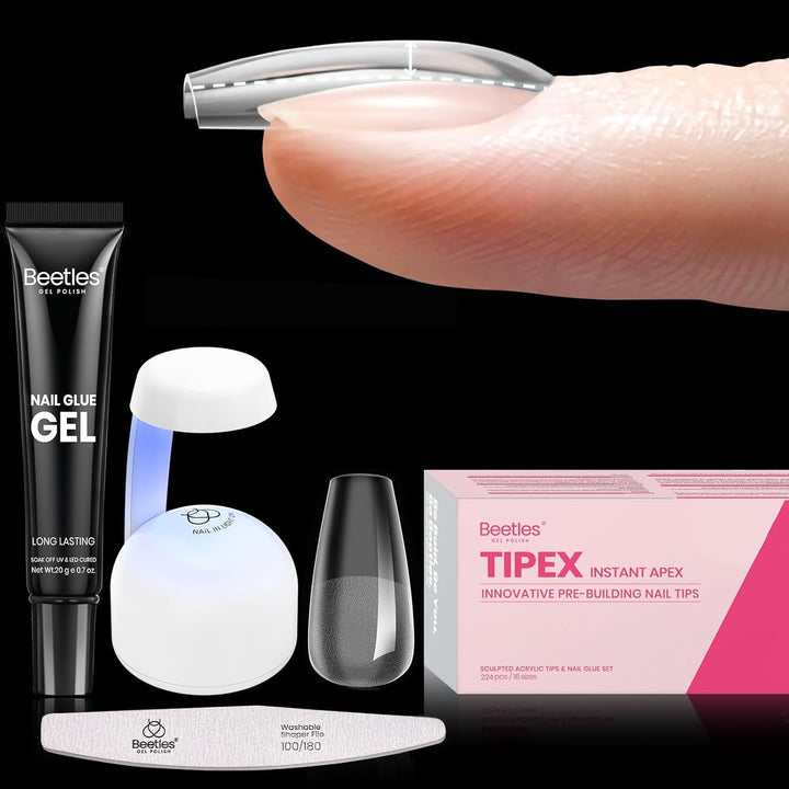 Beetles Tipex Nail Kit, Square Medium Nail Tips 224 Pcs 16 Sizes Pre-Etched Fake Nails with Tipex Nail Glue Mini Nail Lamp - Thick Acrylic Nail Set Pre-Builder Gel Press-On Nails
