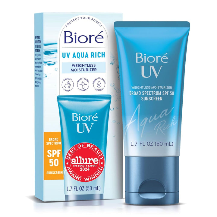 Biore UV Aqua Rich Daily Hydrating Facial Moisturizer with SPF 50 | Oil Free Sunscreen for Sensitive Skin with Hyaluronic Acid, Non-Comedogenic, Dermatologist Tested, 1.7 Oz