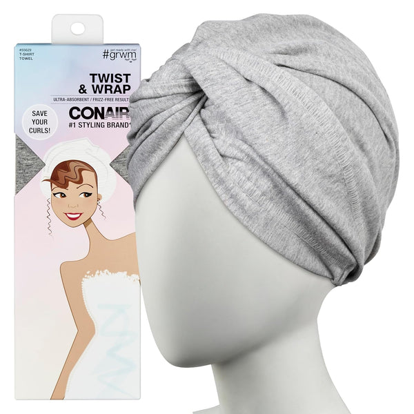 Cotton Twist & Wrap Hair Towel, Fast Drying Ultra-Absorbent Hair Plop for All Types and Lengths, Turban-Style Cotton Towel Helps Maintain Natural Curl Style, Gray