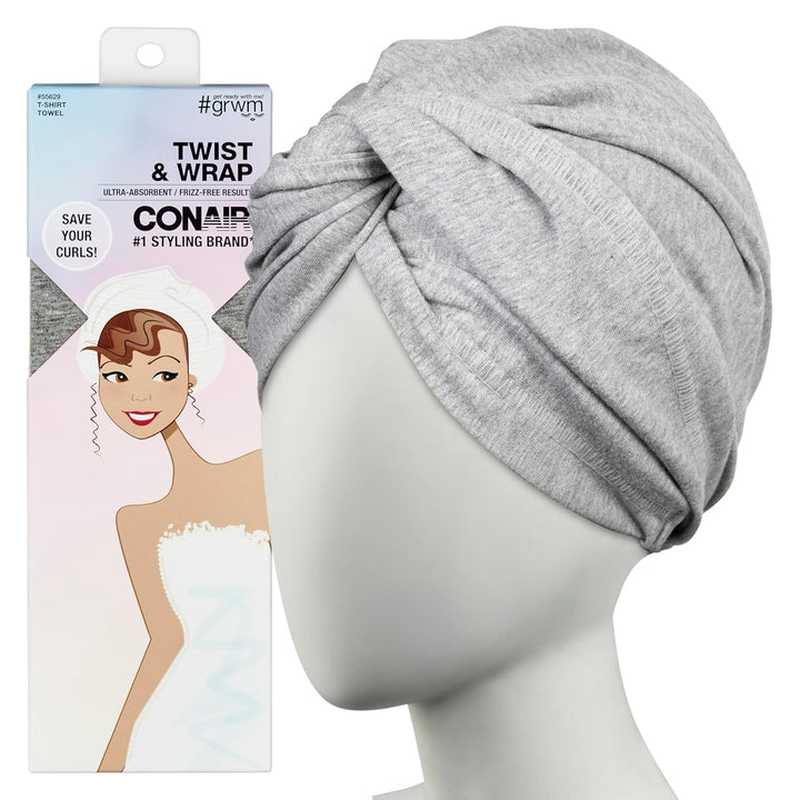 Cotton Twist & Wrap Hair Towel, Fast Drying Ultra-Absorbent Hair Plop for All Types and Lengths, Turban-Style Cotton Towel Helps Maintain Natural Curl Style, Gray