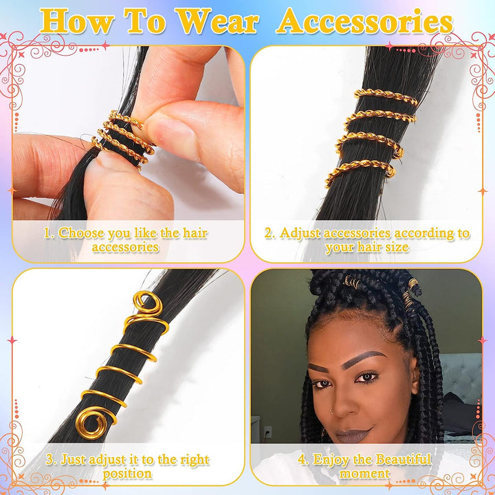 220 Pcs Gold Hair Jewelry for Braids, Loc Jewelry for Hair Dreadlock, Loc Charms for Women, Metal Gold Braids Rings Cuffs Clips for Dreadlock Accessories Clip Braids Extensions Decorations
