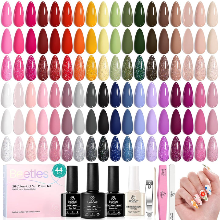 44Pcs Fall Gel Nail Polish Set 36 Colors Brown Burgundy Red Blue Purple Orange Green Black Nude White with Base Top Coat UV LED Needed Salon DIY at Home Gift for Women Colorful Muse