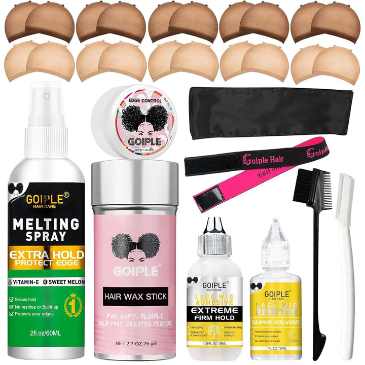 Wig Glue 1.28OZ, Waterproof Lace Front Adhsive for Wigs with Tools and Hair Wax Stick (Lace Adhesive/Wig Glue Remover/Wax Stick/Edge Control Wax/Elastic Band/Hair Dual Drush/Wigs Caps)