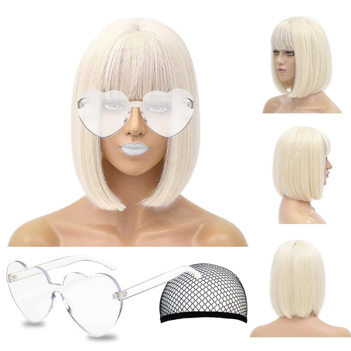 Short Bob Hair Wigs Straight with Flat Bangs Synthetic Colorful Cosplay Daily Party Neon Wig for Women + Free Wig Cap 14" Natural as Real