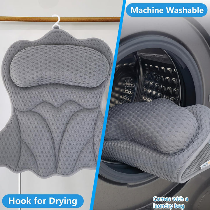 Bath Pillows for Tub,Bath Pillow with 6 Non-Slip Suction Cups,Soft 4D Mesh Fabric,Bathtub Pillows for Tub Neck and Back Support,Extra Thick Luxury Bathtub Pillows,Grey