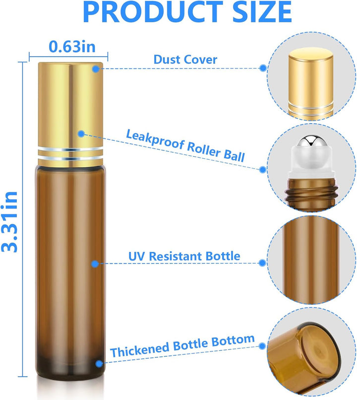 4 Pack of 0.34 Oz (10Ml) Essential Oil Roller Bottles - Refillable, Leak-Proof Amber Glass Roll-On Bottles with Stainless Steel Roller Balls, Metal Caps, and Labels Included
