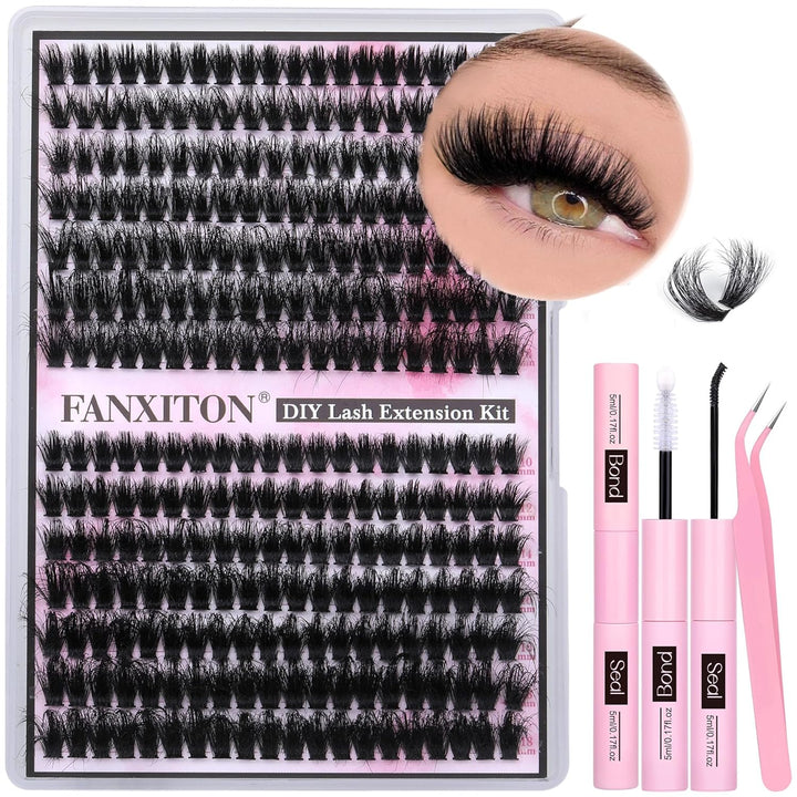 DIY Lash Extension Kit Volume Lash Clusters 40D+50D D Curvature Individual Lashes Lash Clusters Kit Thick Eyelash Extension Kit 280 Pcs Thin Band Cluster Lashes Lash Bond and Seal Tweezers