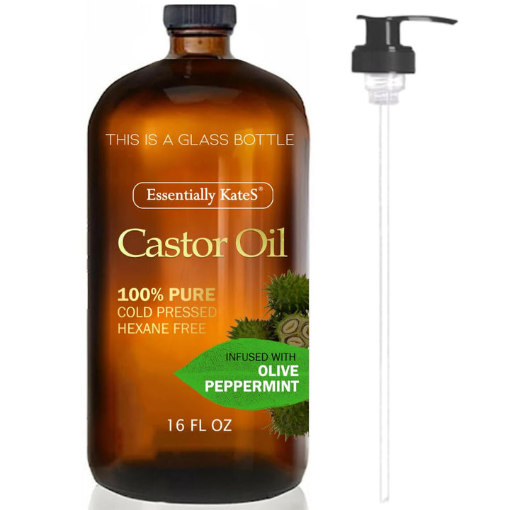 Castor Oil 16 Fl Oz (Glass Bottle) - Original - a Huge Glass Bottle with a Pump - 100% Pure and Natural, Cold Pressed, and Hexane-Free - Hair and Body
