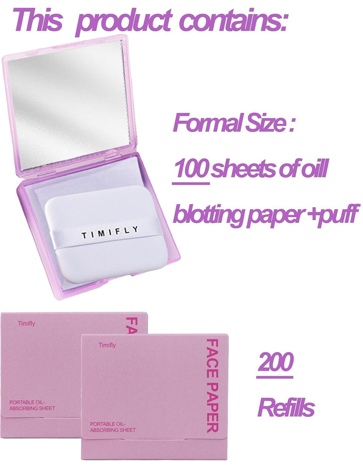 Oil Blotting Paper - 300 Sheets W/Mirror, Puff & Refills, Absorbs Excess Face Oil, Controls Shine, Gentle for Makeup Use
