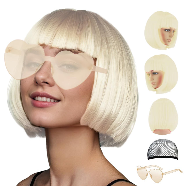 Short Bob Hair Wigs Straight with Flat Bangs Synthetic Colorful Cosplay Daily Party Neon Wig for Women + Free Wig Cap 14" Natural as Real