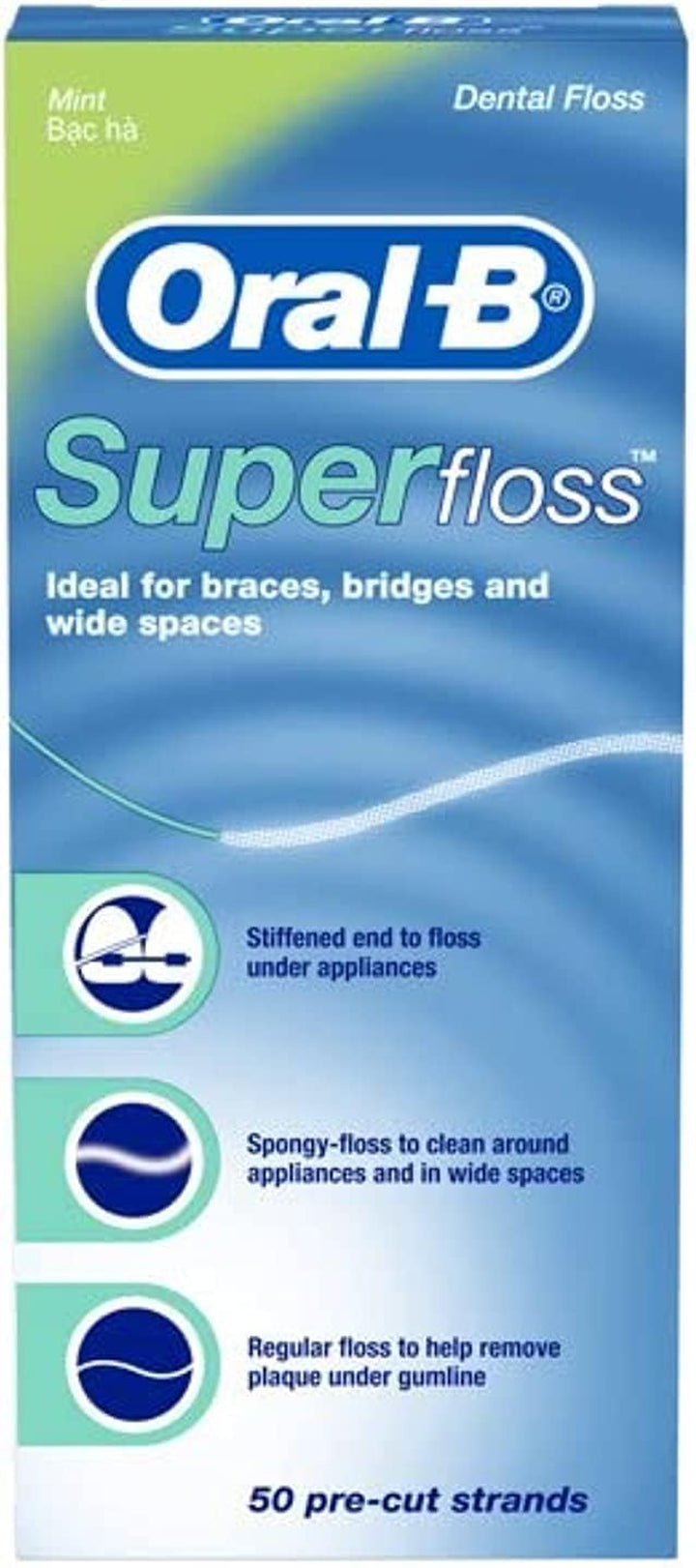 Dental Floss for Braces, Super Floss Pre-Cut Strands, Mint, 50 Count, Pack of 2