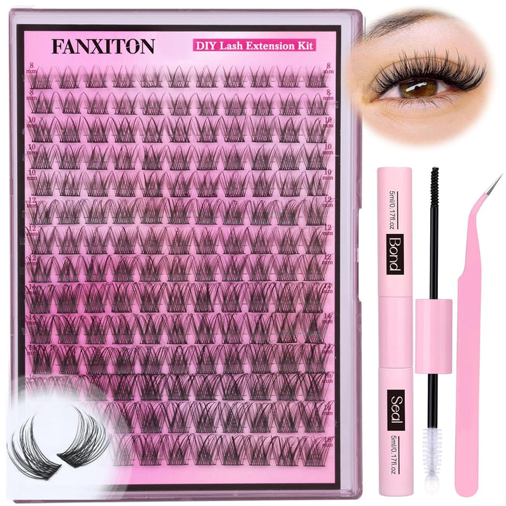DIY Lash Extension Kit Volume Lash Clusters 40D+50D D Curvature Individual Lashes Lash Clusters Kit Thick Eyelash Extension Kit 280 Pcs Thin Band Cluster Lashes Lash Bond and Seal Tweezers