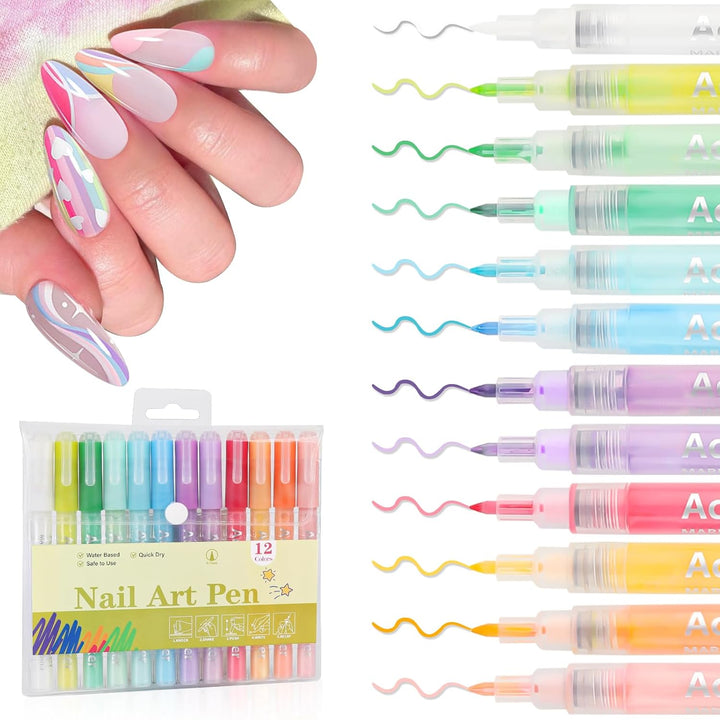 12 Colors Nail Art Pens Set, 3D 0.7MM Nail Polish Pens Quick-Drying Nail Art Acrylic Paint Nail Point Dotting Liner Pen Tools for Home & Salon Nail DIY