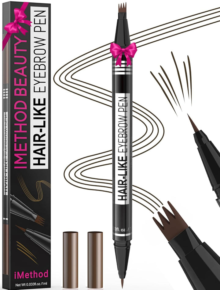 Microblading Eyebrow Pen - Eyebrow Pencil Magical 2-In-1 Dual-Ended Eye Brow Pencils for Women with 4-Fork-Tip & Precise Brush-Tip Create Natural Hair-Like Brows, Last All-Day, Dark Brown