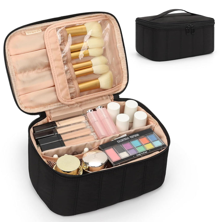 Makeup Bag, Portable Cosmetic Bag, Large Capacity Travel Makeup Case Organizer, Black for Women Toiletry Bag for Girls Traveling with Handle and Divider