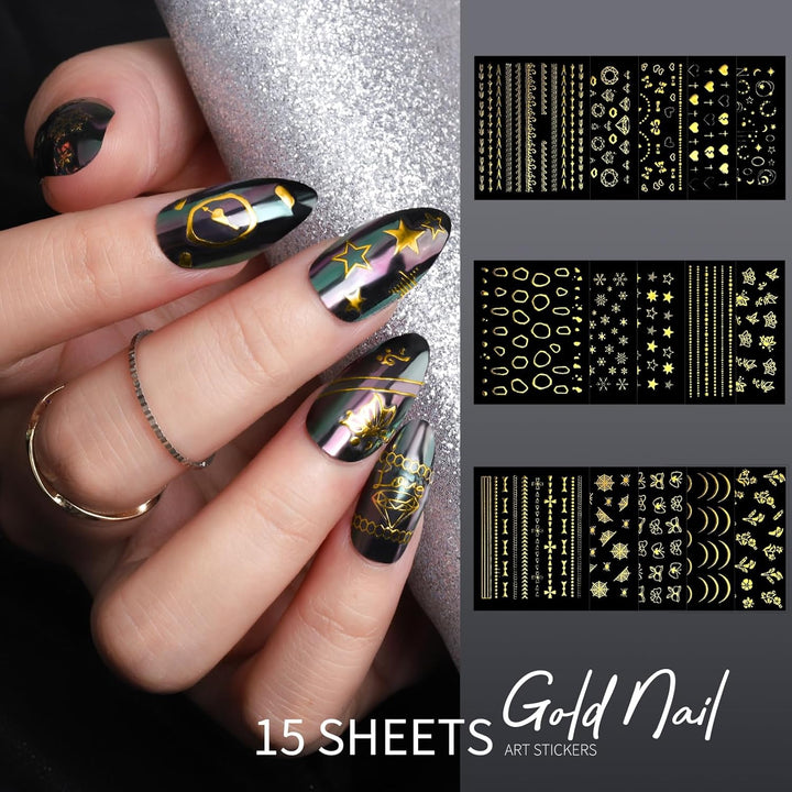 Nail Charms Nail Gems with 15 Sheets Gold Nail Stickers, 6 Boxes of Rhinestones for Nails Art Tools, 3D Nail Decals Pearls for Nails