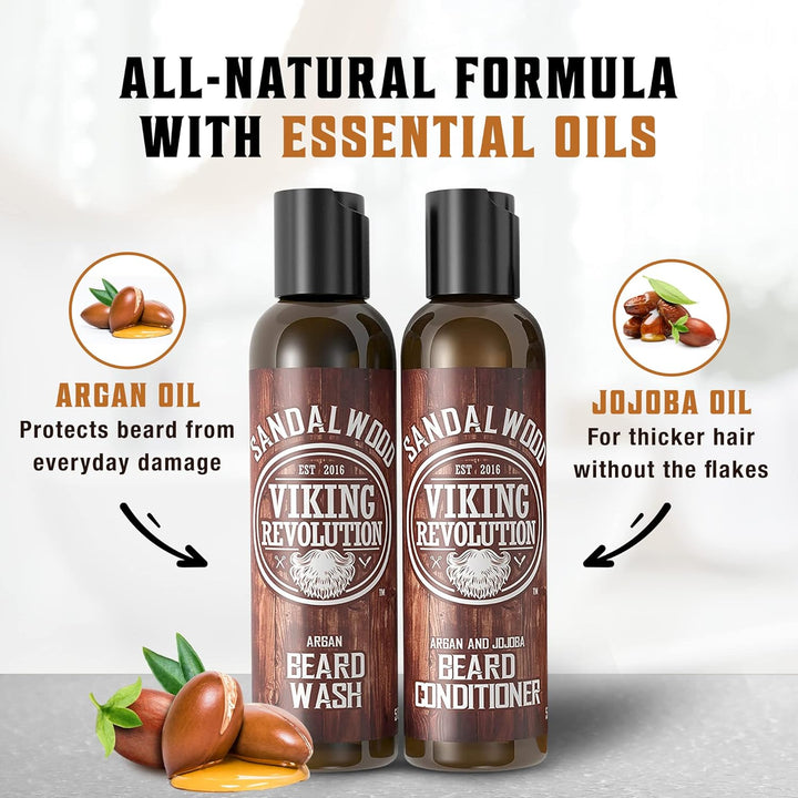 Beard Wash & Beard Conditioner Set W/Argan & Jojoba Oils - Softens & Strengthens - Natural Beard Shampoo W/Beard Oil Sandalwood (5Oz)