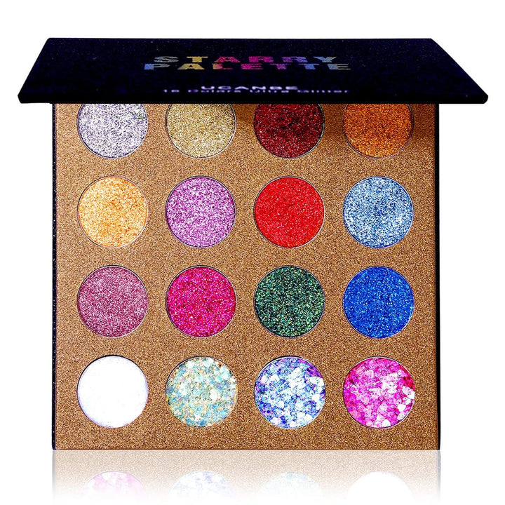 Pro Glitter Eyeshadow Palette - Professional 16 Colors - Chunky & Fine Pressed Glitter Eye Shadow Powder Makeup Pallet Highly Pigmented Ultra Shimmer for Face Body