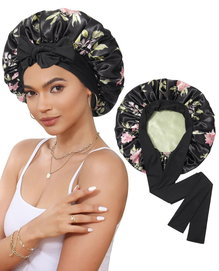 Satin Bonnet for Sleeping Cap Double Layer Hair Bonnet with Elastic Tie Band for Curly Hair Night Cap (Bean Paste + Pink)